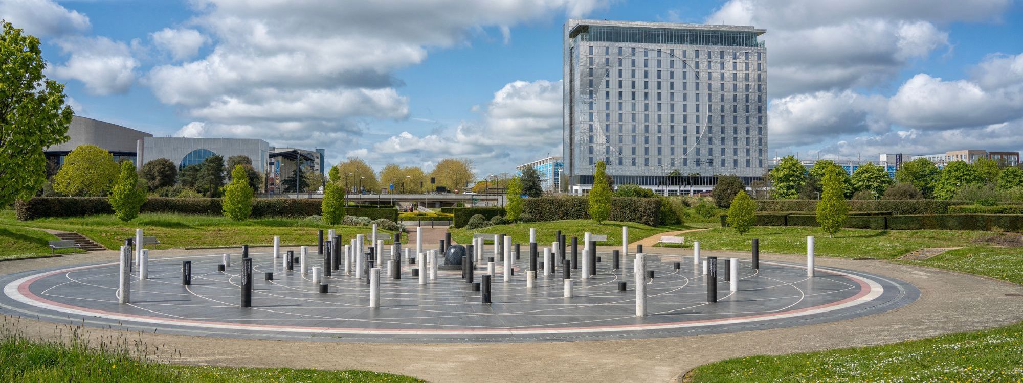 The Milton Keynes rose sculpture , on a sunny day