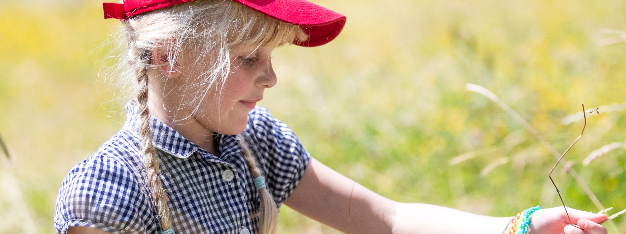 A young girl sitting in a sunny field of long dried grass, holding some in her hand. She has long blonde hair in plaited ponytails and is wearing a red baseball cap and blue chequered school dress.