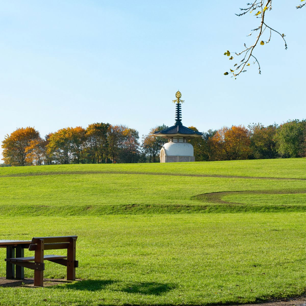 Labyrinth, bench, autumn trees and the Peace Pagoda peaking over hill 