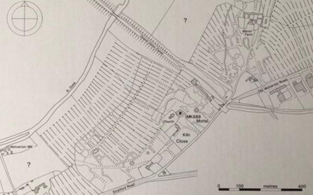 Map showing fields, motte and bailey and church