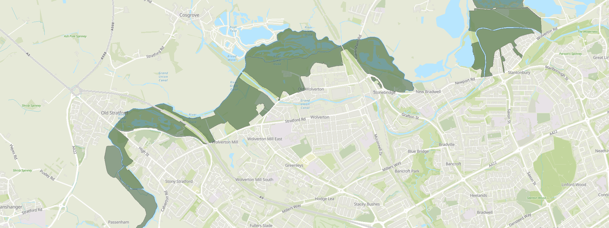 Map of Milton Keynes showing the location of the Wetland Arc.
