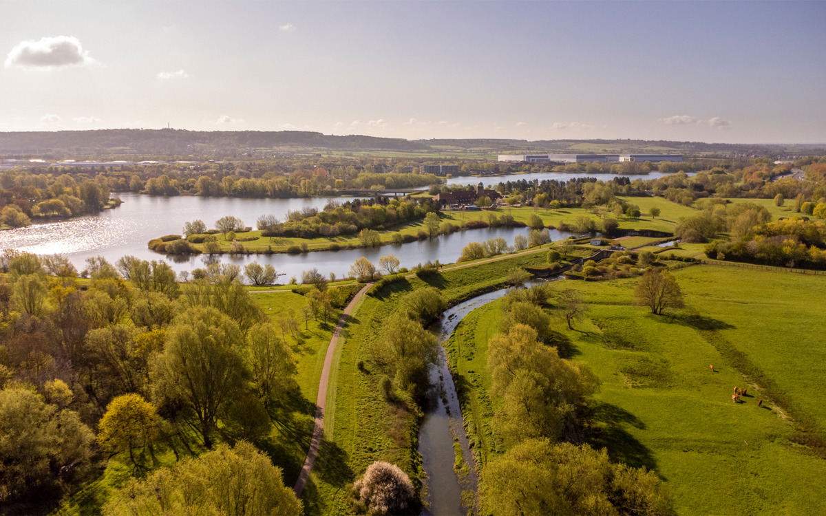 Aerial view of Caldecotte Lake.