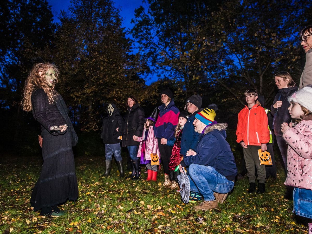 Storyteller with face painted in green, telling a story to the crown in a cold evening 