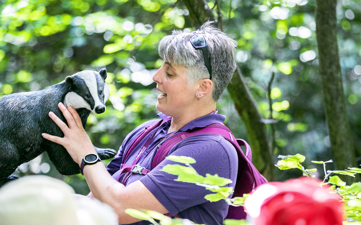 A female leader in a purple t shirt holds up a model of a badger, showing it to a group of children. You can just see the tops of the student's hats in the bottom of the frame. They are stood in a sunny woodland with lots of green leaves in the background.