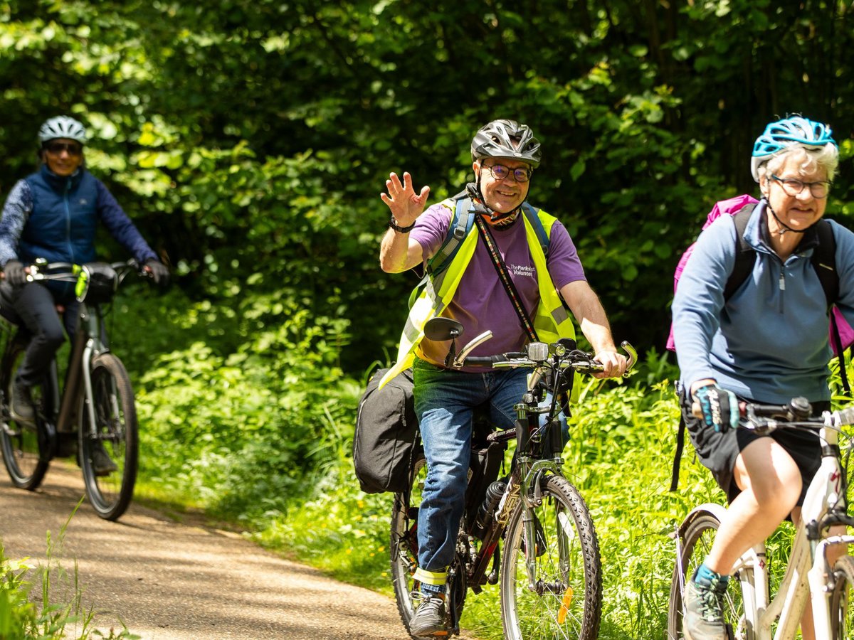 Happy waving cyclist in a woodland scene
