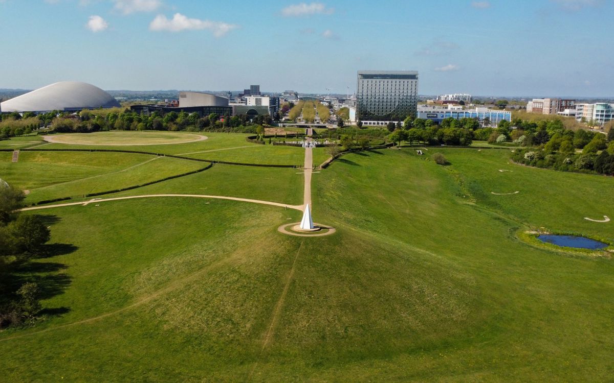 Drone view across Milton Keynes city centre 