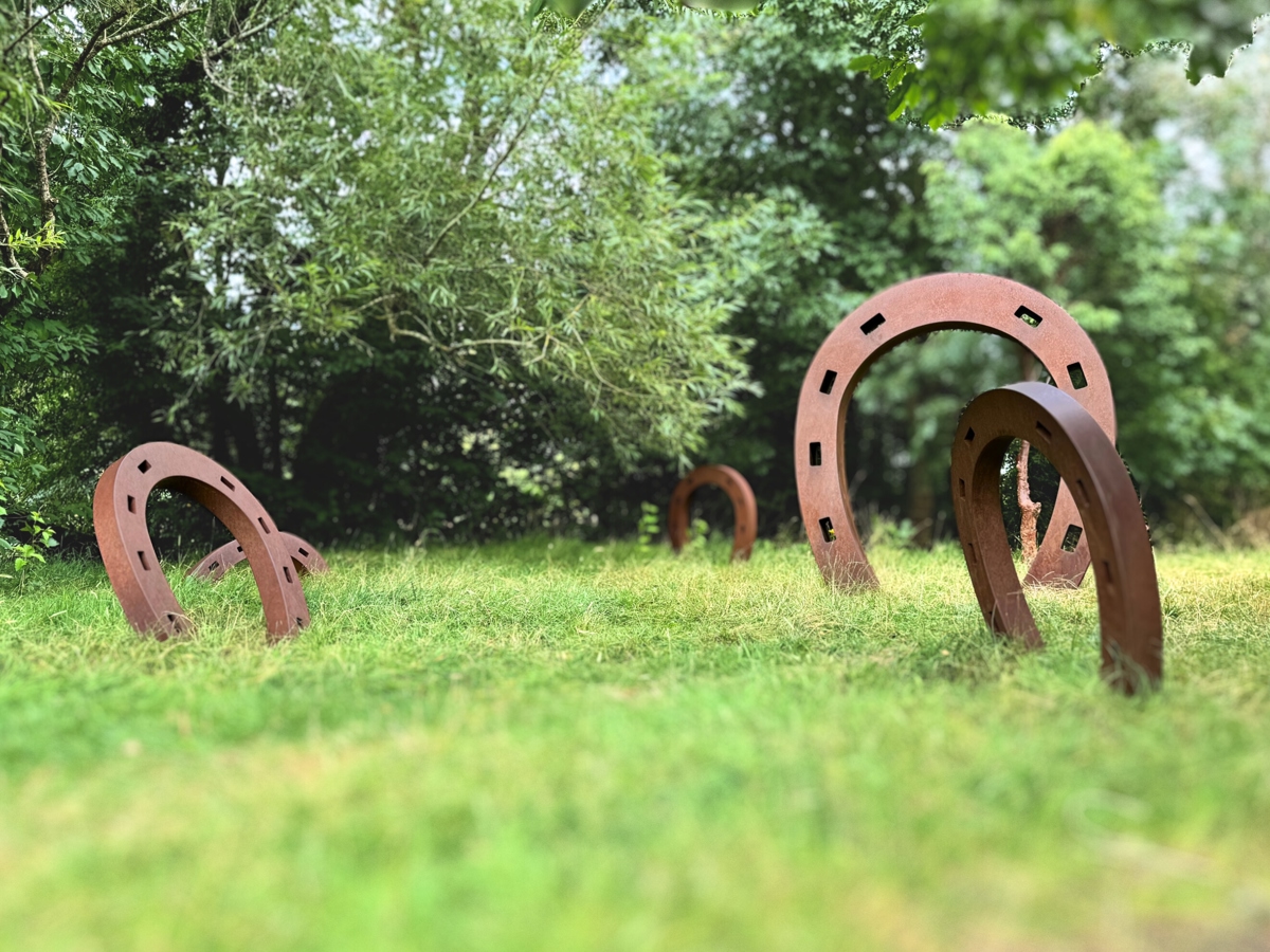 This image shows several large, rust-colored metal horseshoes standing upright on a grassy field. The horseshoes are partially buried in the ground and vary in size. The background is filled with dense green trees and foliage.