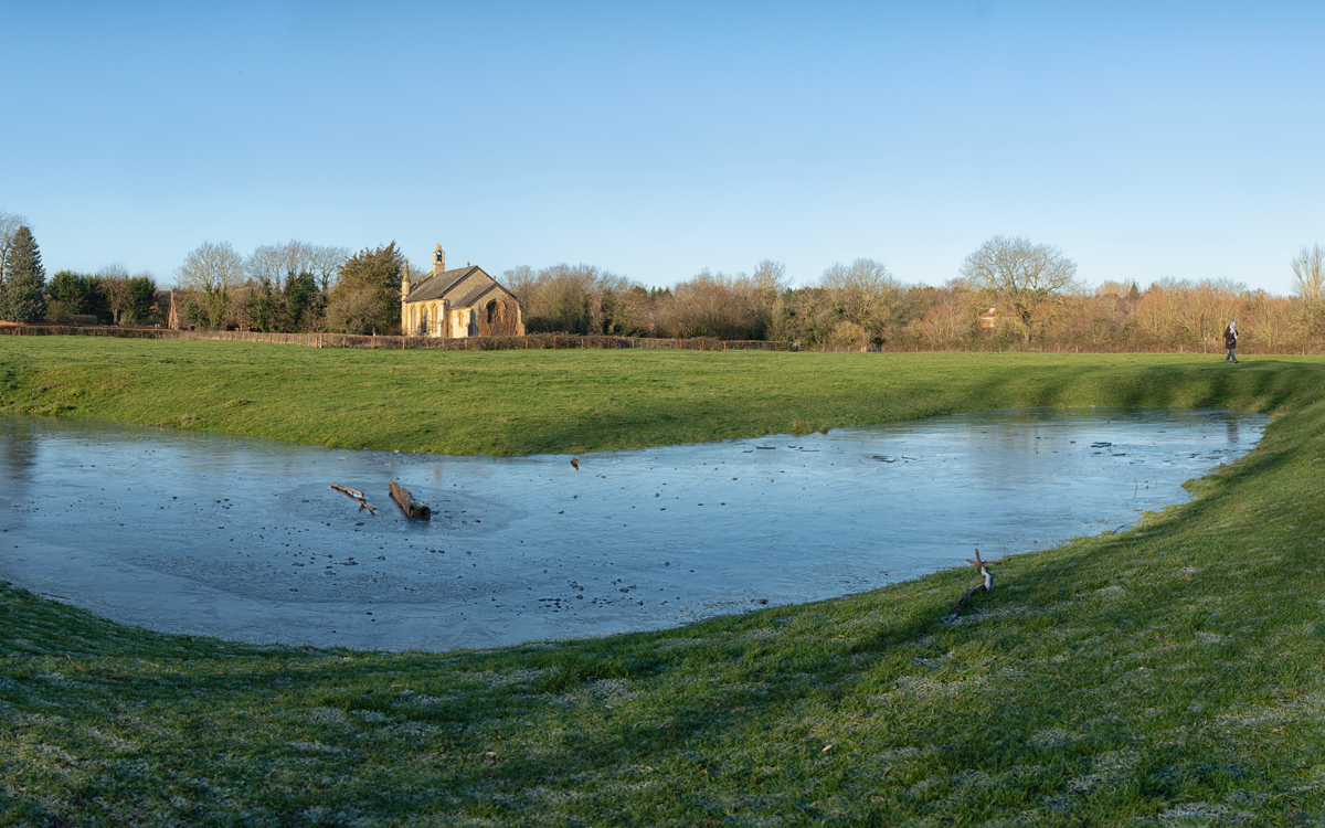 Woolstone Earthworks  - pond and church