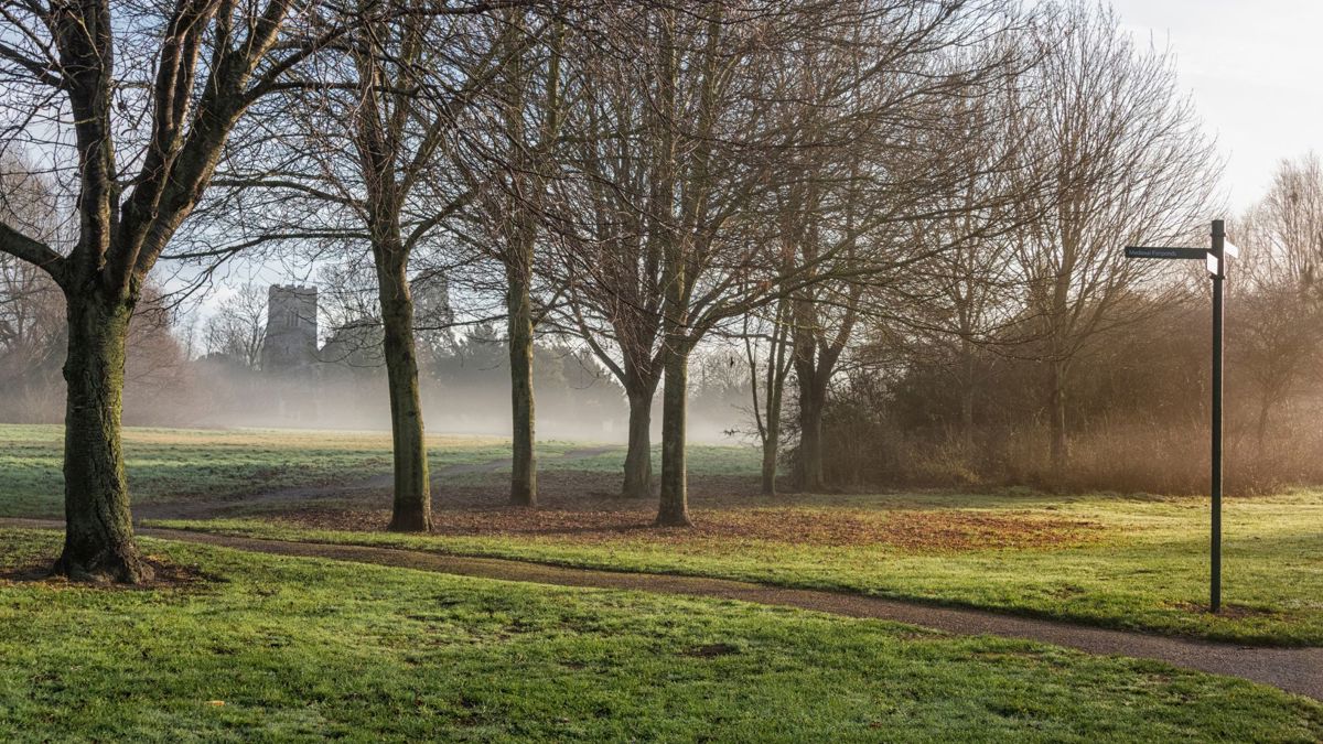 Misty autumn morning in the park with church in the background