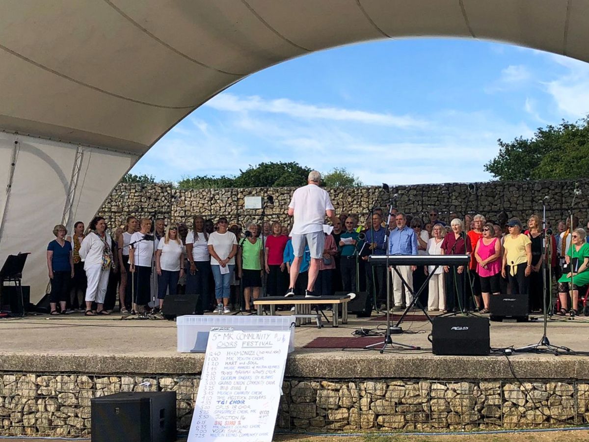 Choir singers and conductor performing on Stage at Choirs' Festival