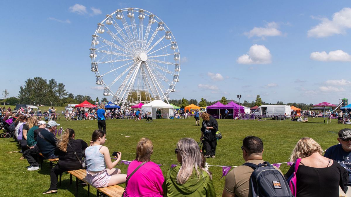 Audience watching dog show at Willen Lake with observation wheel in the background