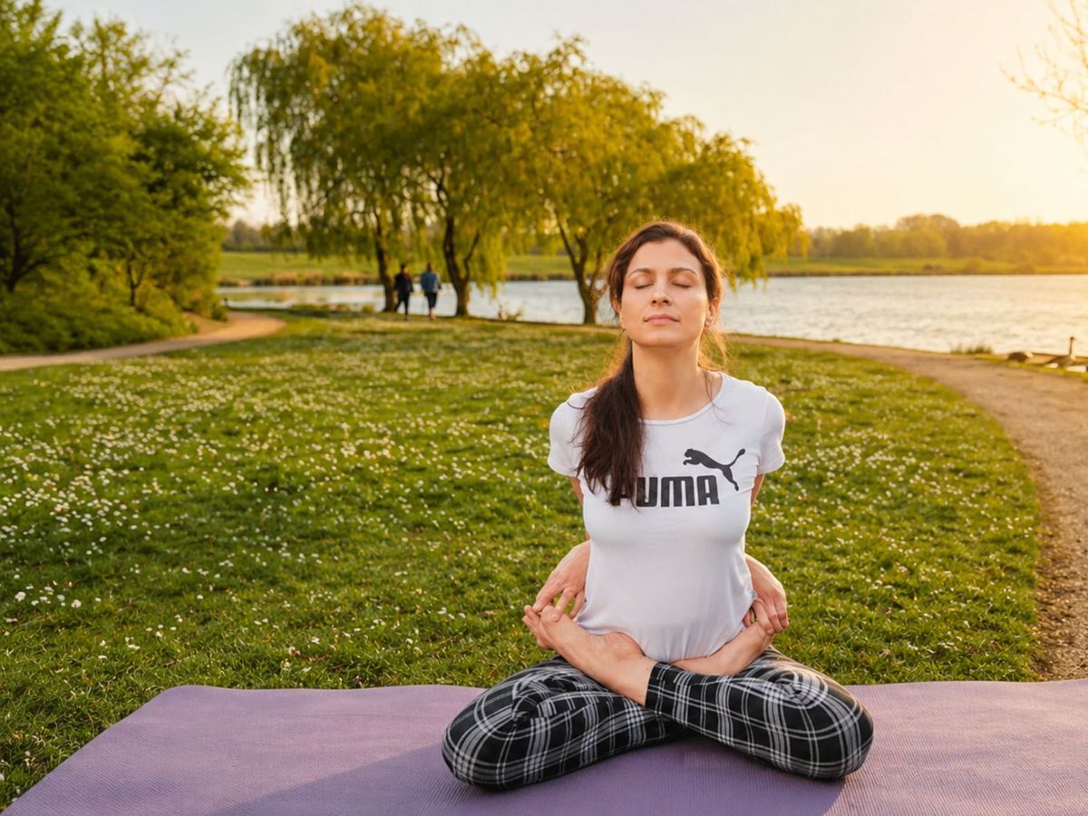 Woman on a mat doing yoga. the background displays a beautiful lake scenery with trees in the sunset