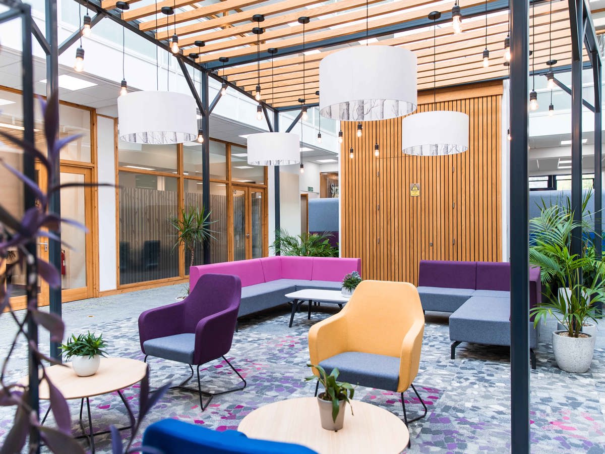 varied seating and meeting spaces in the large atrium