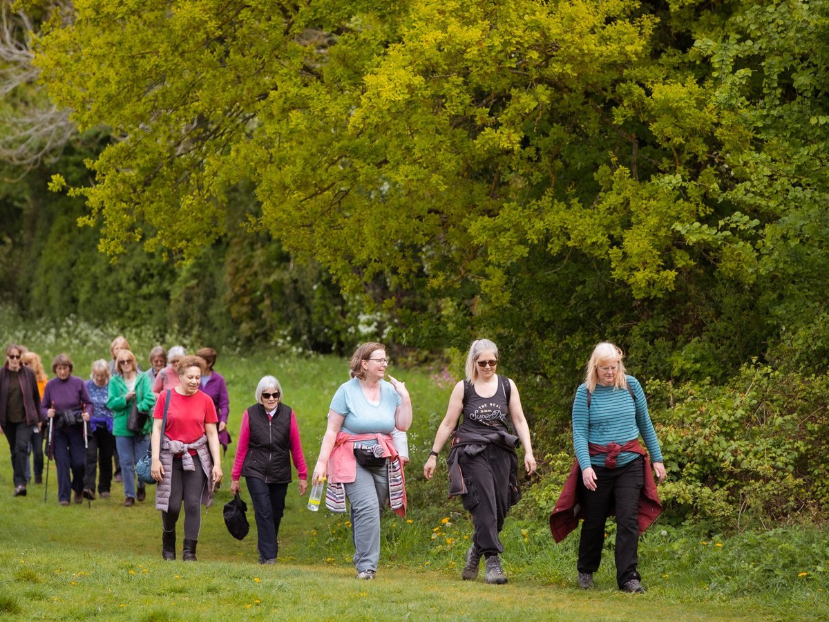 A group of women walking through parkland