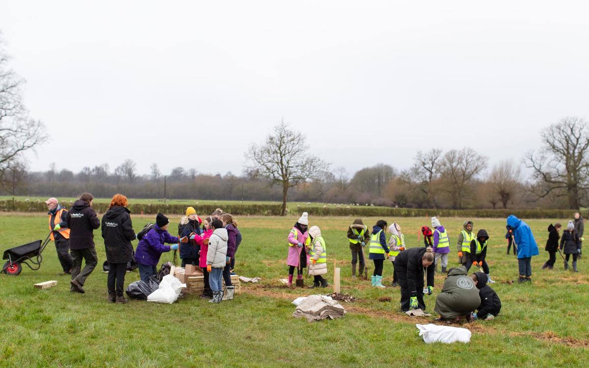 Group of people planting trees in meadow