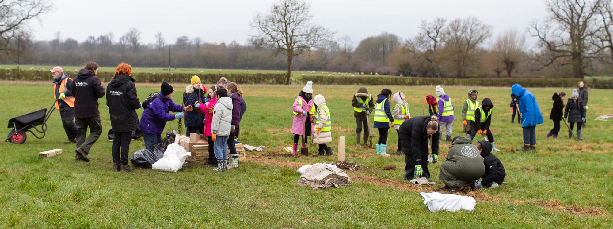 Group of people planting trees in meadow