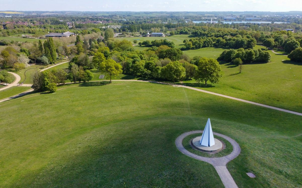 Drone view of Campbell Park with pavilion in background