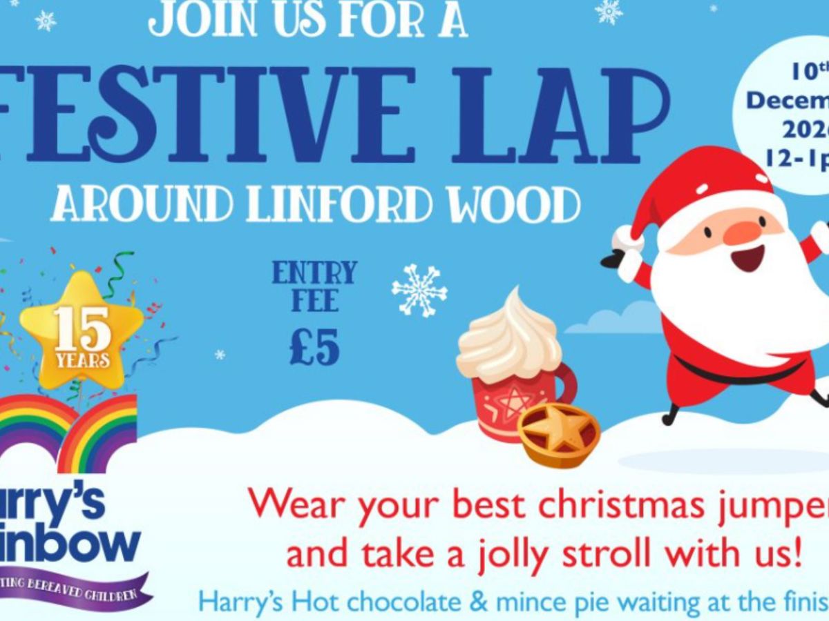 Harry's Rainbow Festive Lap Poster: Join us for a Festive Lap around Linford Wood. Entry fee £5. 10th December 2026 12-1pm. Wear your best christmas jumper and take a jolly stroll with us.