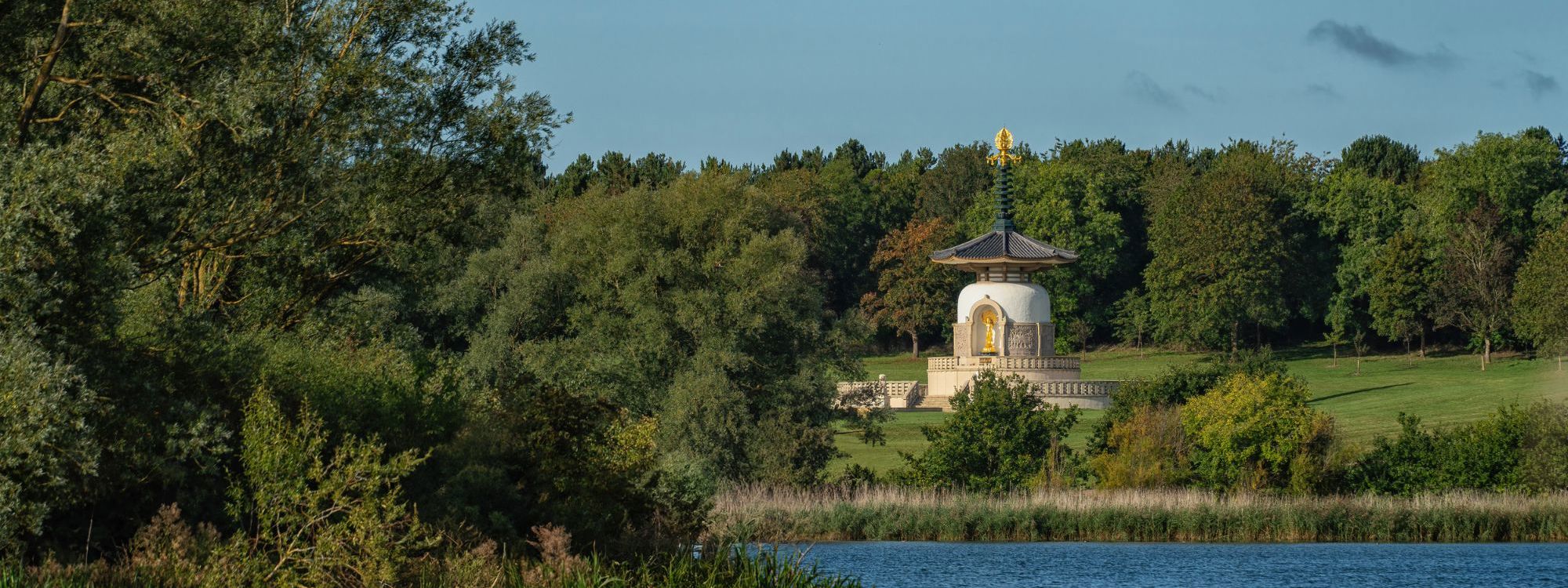 View across the lake with Peace Pagoda in Milton Keynes
