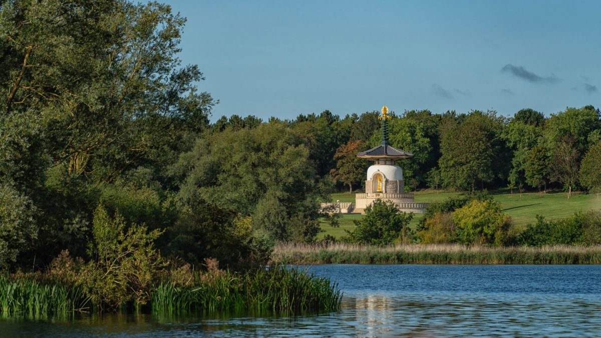 View across the lake with Peace Pagoda in Milton Keynes