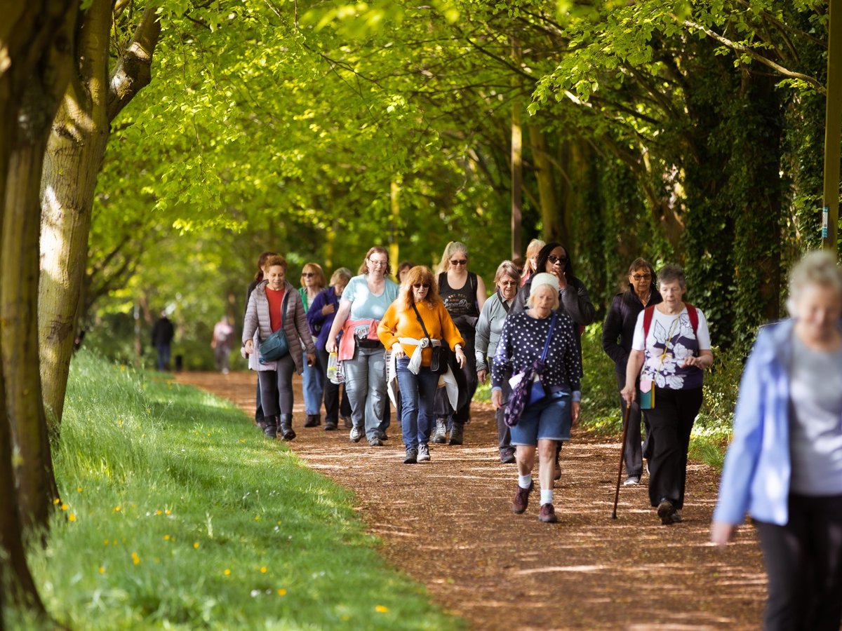 A group of women walking through parkland