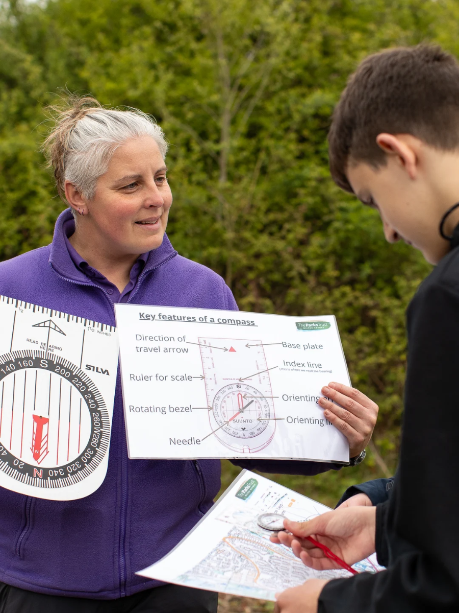 Students looking at map whilst an adults holds a large compass