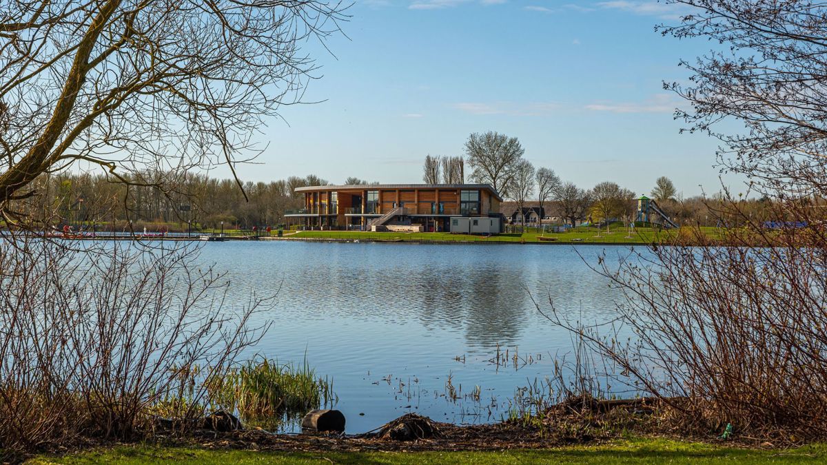 Willen Lake watersports centre from across the lake